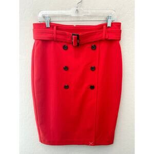 🆕 ANN TAYLOR | Red Orange Double Breast Button Belted Straight Pencil Skirt | 8